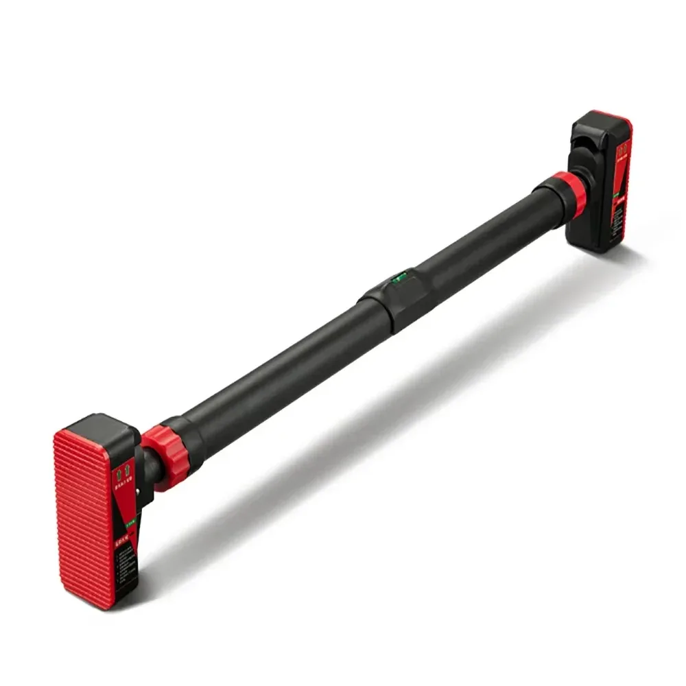 Adjustable Doorway Pull-Up Bar with Level Gauge — front angle showing red end blocks, locking collars and built-in level gauge
