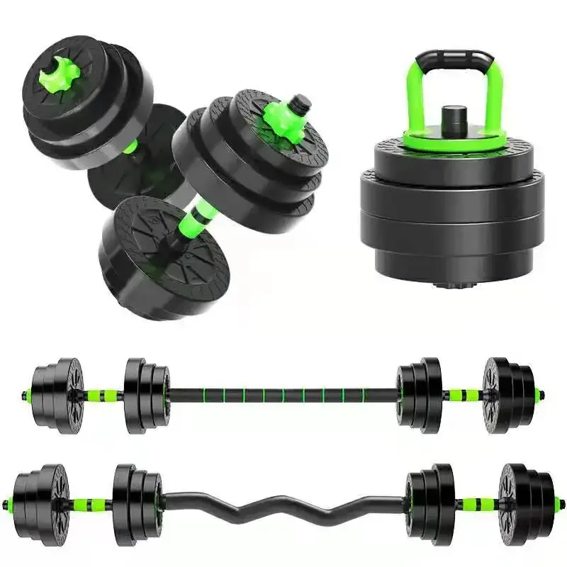 4-in-1 adjustable dumbbell set 44 lb with black weight plates and green star-lock collars shown as dumbbells, kettlebell, straight barbell and EZ barbell