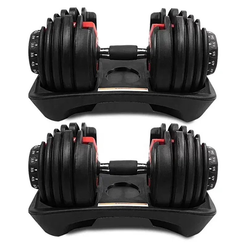Pair of Adjustable Dial Dumbbells, 5 to 52.5 lb, front view in storage trays with dial weight markings