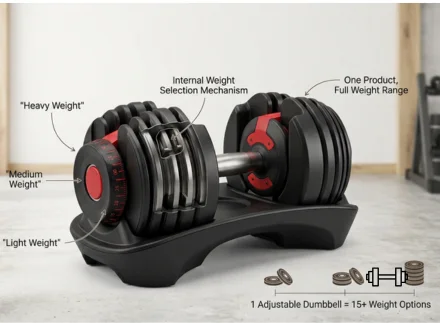 Adjustable dumbbell adjustment mechanism with weight selector dial