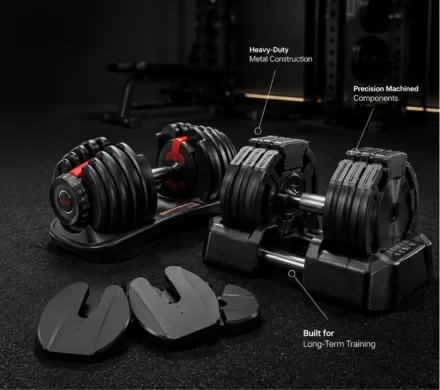 Premium adjustable dumbbells with metal build on home gym floor