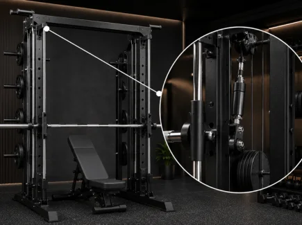 Counterbalanced Smith machine with smooth guided bar and weight offset mechanism