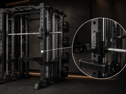 Smith machine with integrated power rack featuring adjustable J-hooks and safety arms