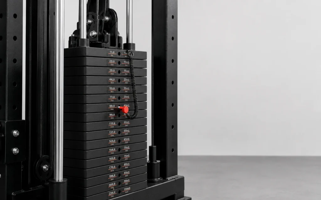 Gym machine weight stack with adjustable weight plates and selector pin

