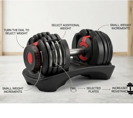 Adjustable dumbbell weight increments with selectable weight settings