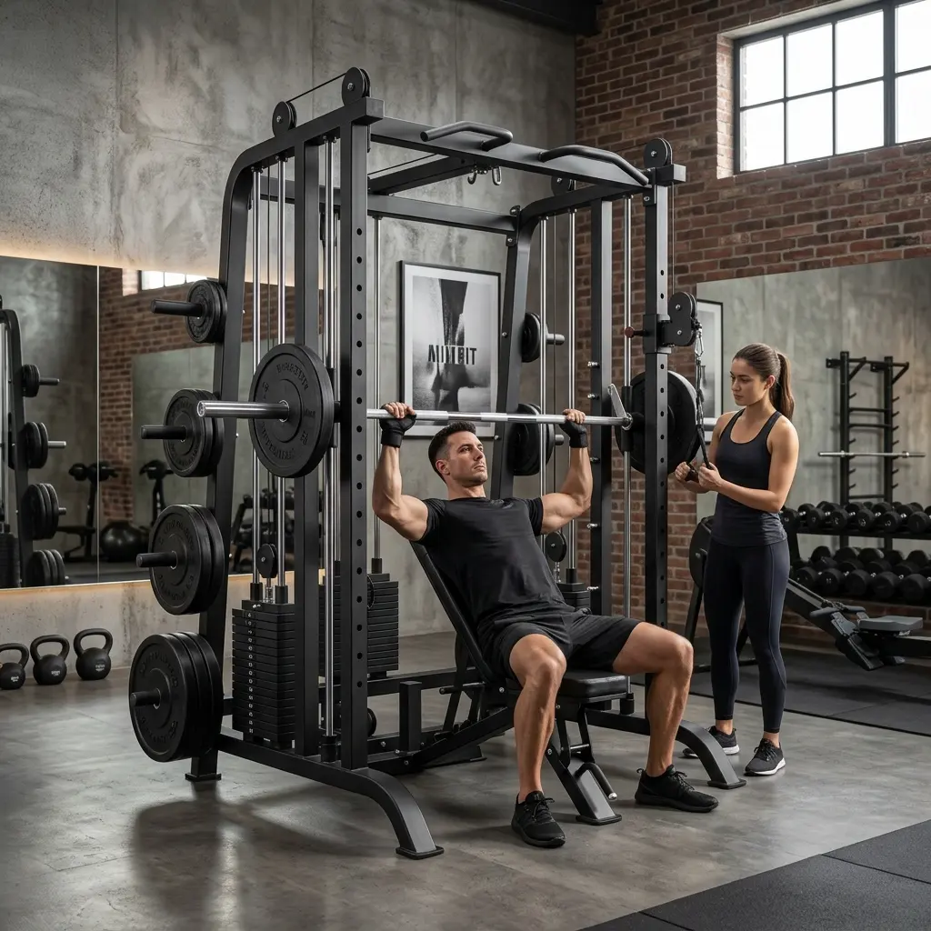 Smith machine with guide rods, safety catches, cables, bench and weight plates