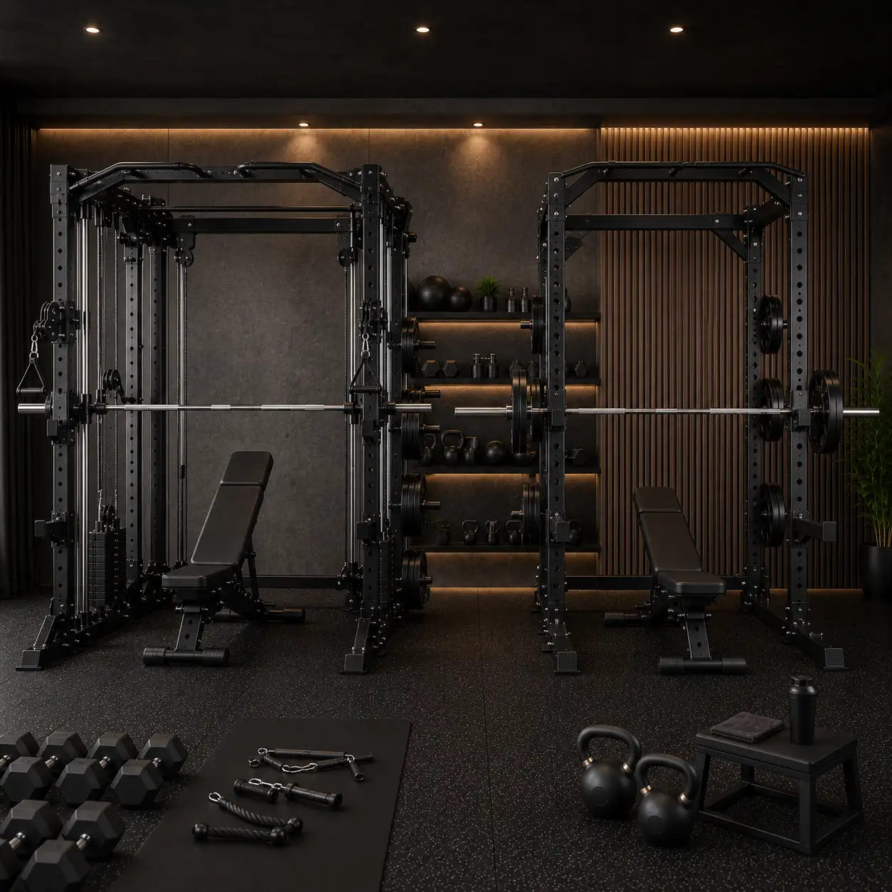 Smith machine and power rack side by side in a home gym