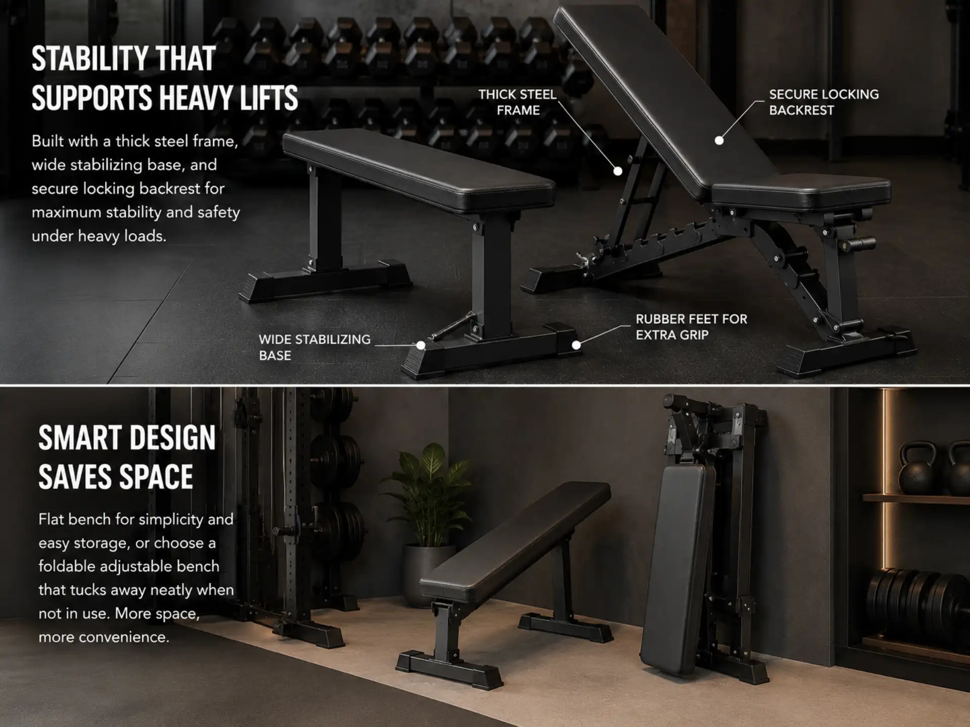 Stable and space-saving weight bench design for home gym